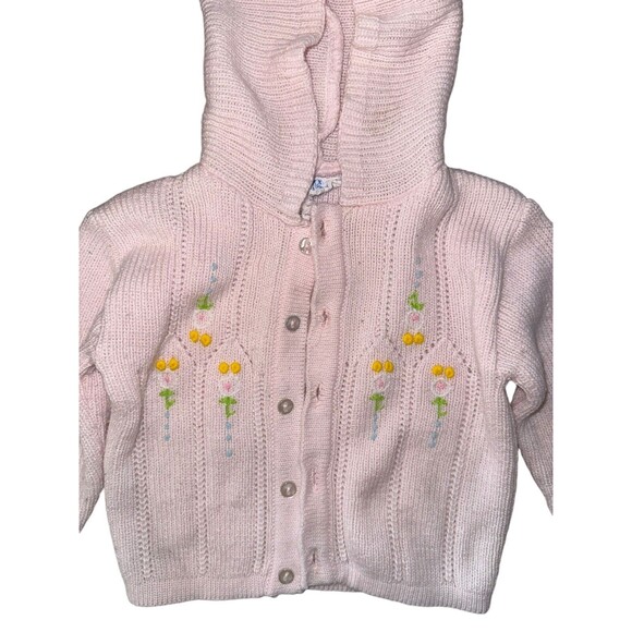 Vintage All Mine Pink Floral Knit Baby Hooded Sweater 12 Months Button Up Stain - Picture 2 of 4